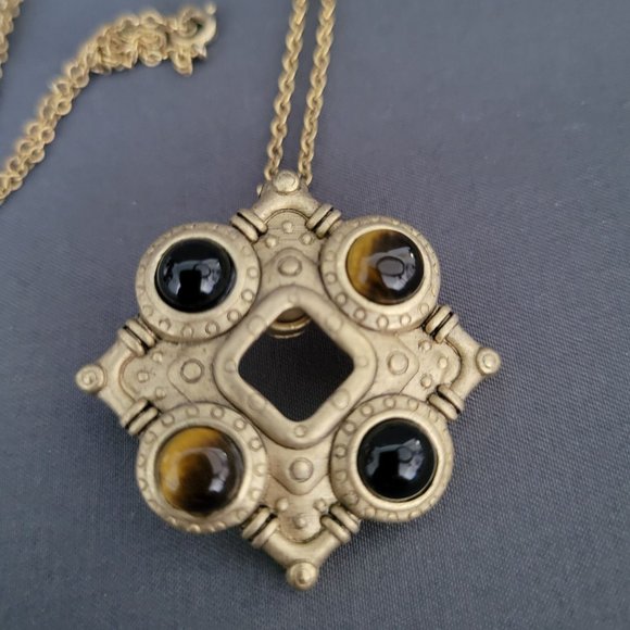 Premier Designs Gold Tone Pendant Necklace Tigers Eye Black Bead Industrial 26" - Picture 2 of 9